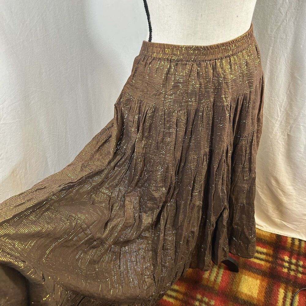 ZeroZero Y2K Hippie Boho Brown Cotton & Gold Metallic Thread Midi Skirt Size M - Picture 3 of 11
